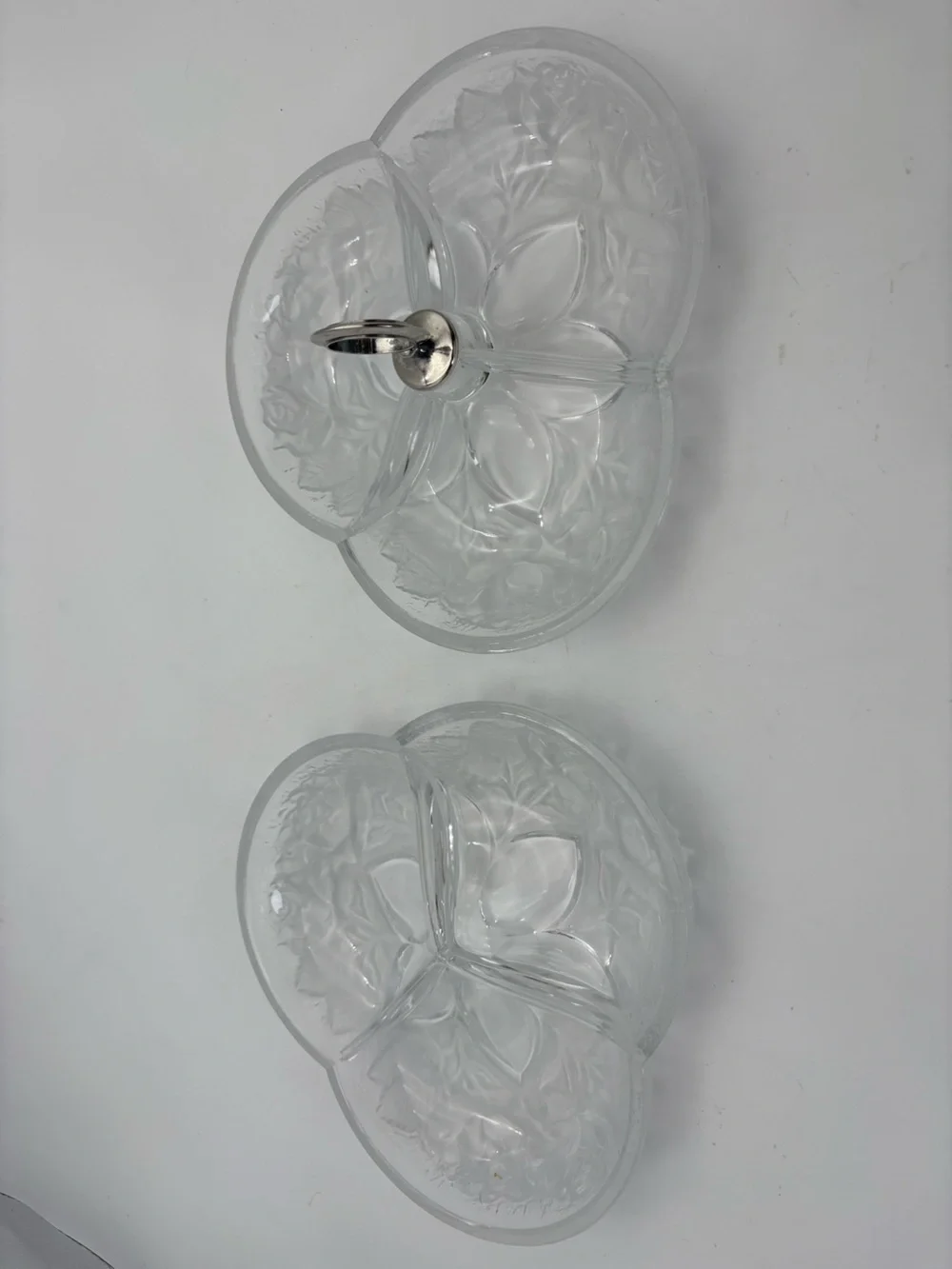 Gorgeous Vintage Crystal Divided Serving Dish Pair In Frosted Rose Pattern